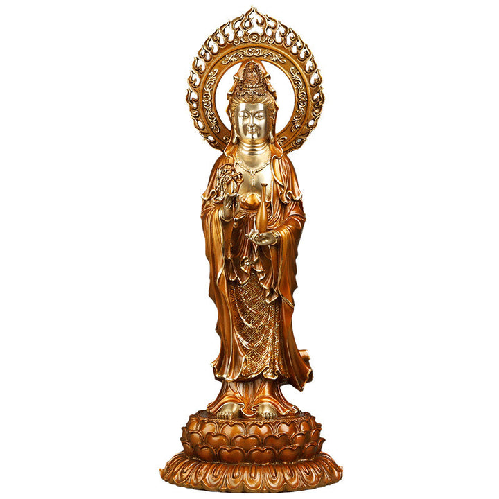 Buddha Stones Kwan Yin Avalokitesvara Lotus Aura Erfolg Messing Kupfer Statue Heimdekoration