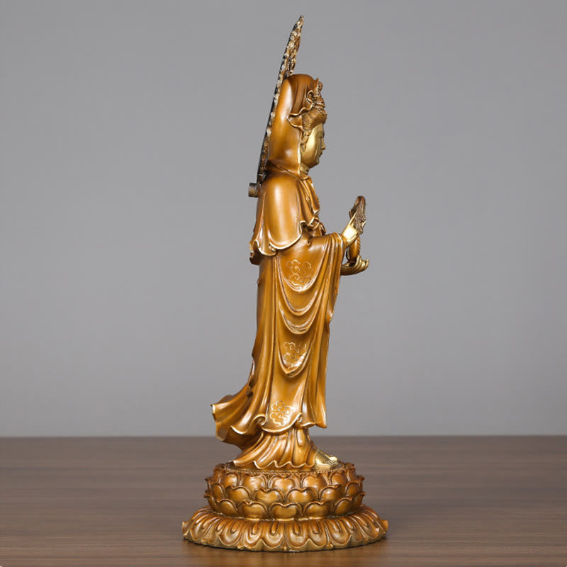 Buddha Stones Kwan Yin Avalokitesvara Lotus Aura Erfolg Messing Kupfer Statue Heimdekoration