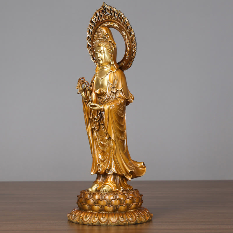 Buddha Stones Kwan Yin Avalokitesvara Lotus Aura Erfolg Messing Kupfer Statue Heimdekoration