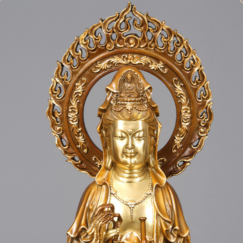 Buddha Stones Kwan Yin Avalokitesvara Lotus Aura Erfolg Messing Kupfer Statue Heimdekoration