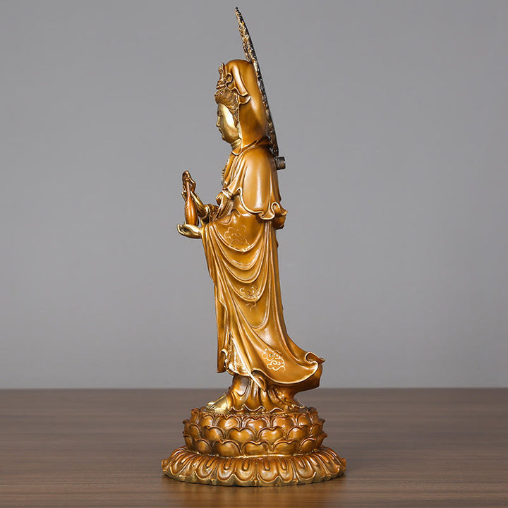 Buddha Stones Kwan Yin Avalokitesvara Lotus Aura Erfolg Messing Kupfer Statue Heimdekoration