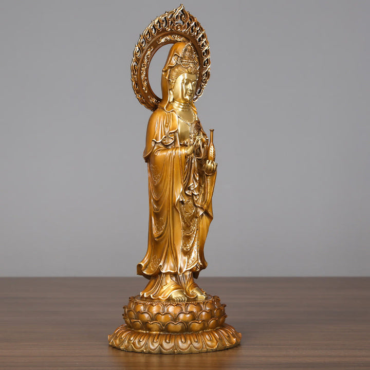 Buddha Stones Kwan Yin Avalokitesvara Lotus Aura Erfolg Messing Kupfer Statue Heimdekoration