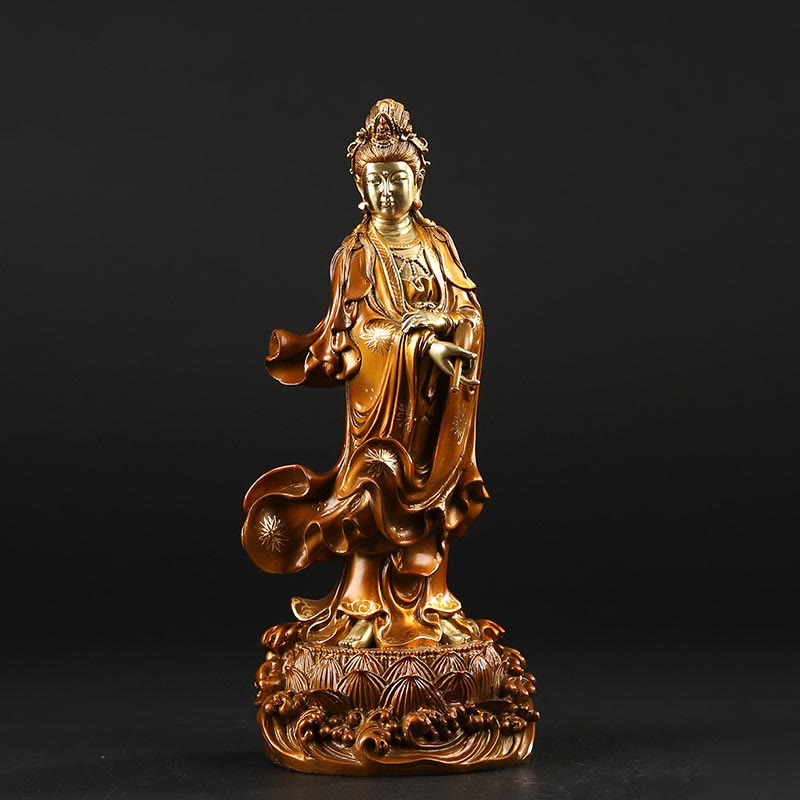 Buddha Stones Kwan Yin Avalokitesvara mit einer Vase Halten Messing Harmonie Kupfer Statue Heimdekoration