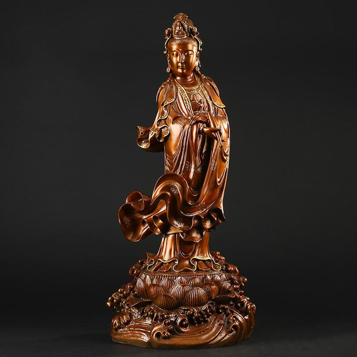 Buddha Stones Kwan Yin Avalokitesvara mit einer Vase Halten Messing Harmonie Kupfer Statue Heimdekoration