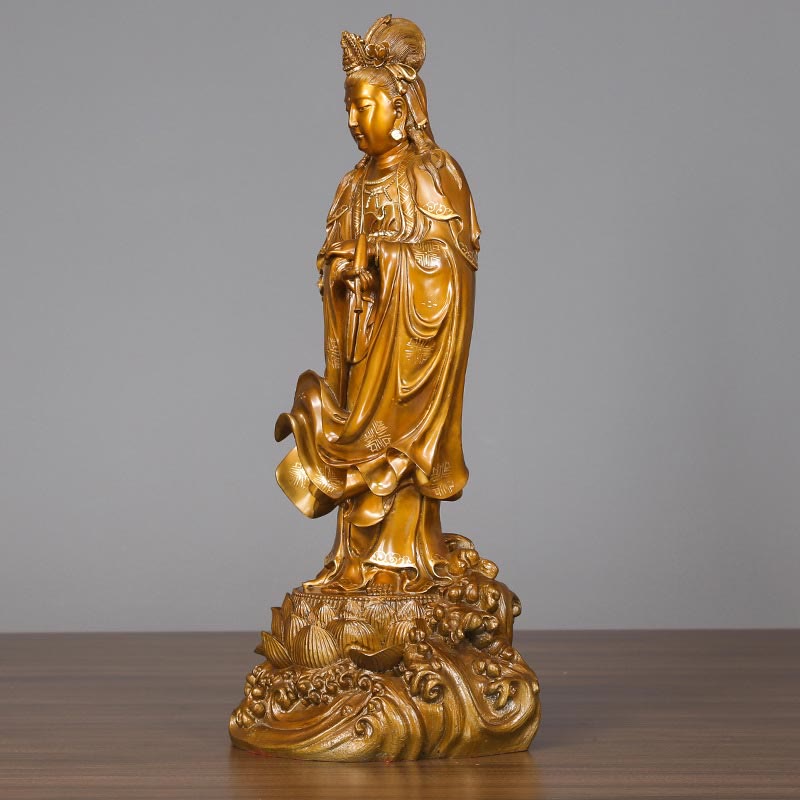 Buddha Stones Kwan Yin Avalokitesvara mit einer Vase Halten Messing Harmonie Kupfer Statue Heimdekoration