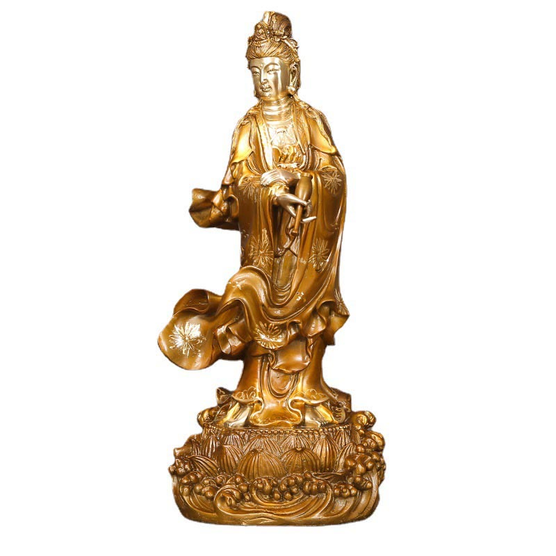 Buddha Stones Kwan Yin Avalokitesvara mit einer Vase Halten Messing Harmonie Kupfer Statue Heimdekoration