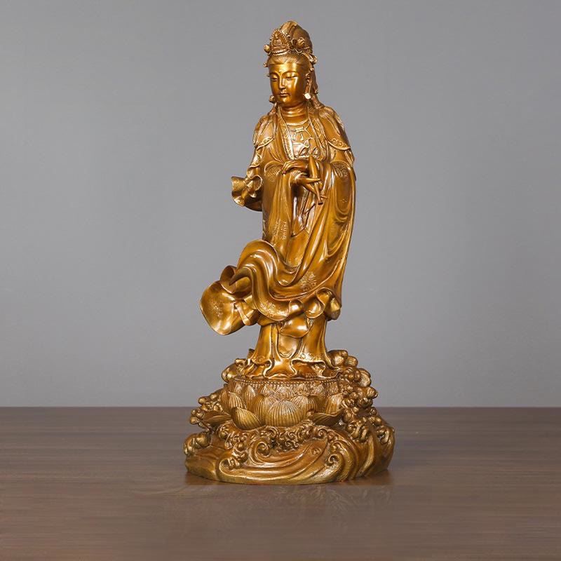 Buddha Stones Kwan Yin Avalokitesvara mit einer Vase Halten Messing Harmonie Kupfer Statue Heimdekoration