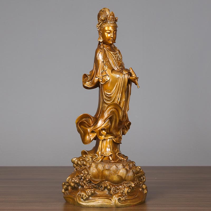 Buddha Stones Kwan Yin Avalokitesvara mit einer Vase Halten Messing Harmonie Kupfer Statue Heimdekoration