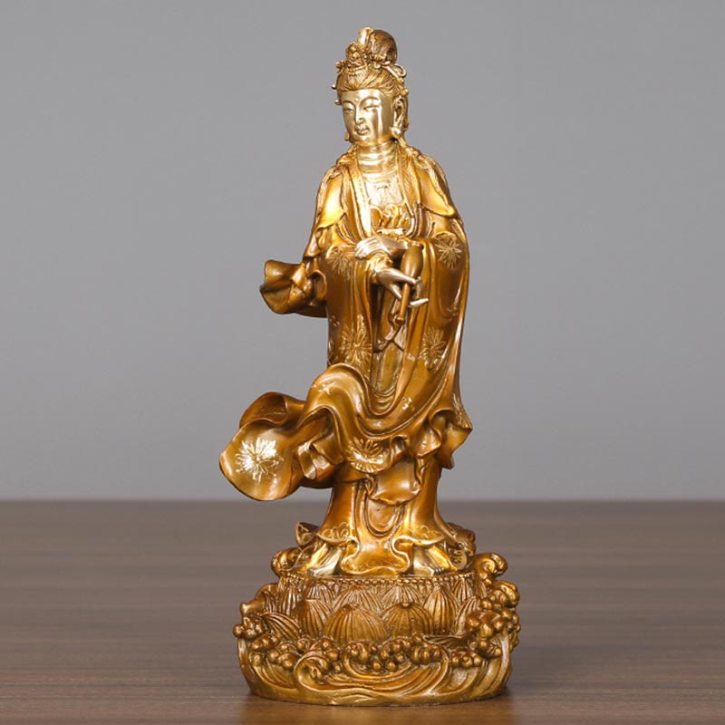 Buddha Stones Kwan Yin Avalokitesvara mit einer Vase Halten Messing Harmonie Kupfer Statue Heimdekoration