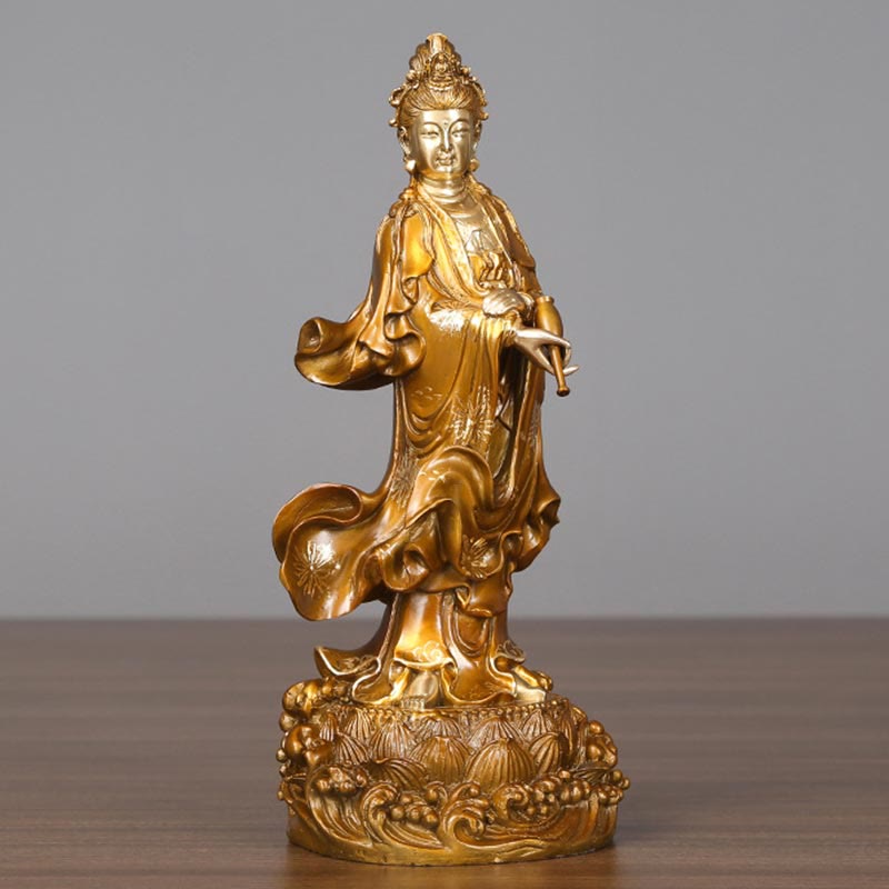 Buddha Stones Kwan Yin Avalokitesvara mit einer Vase Halten Messing Harmonie Kupfer Statue Heimdekoration