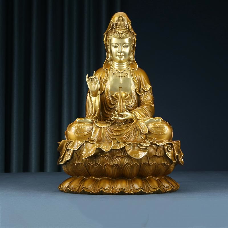 Buddha Stones Kwan Yin Avalokitesvara Lotus Sitzende Harmonie Messing Kupfer Statue Haus Altar Dekoration - Goldenes Avalokitesvara 27*25*41cm - image 0