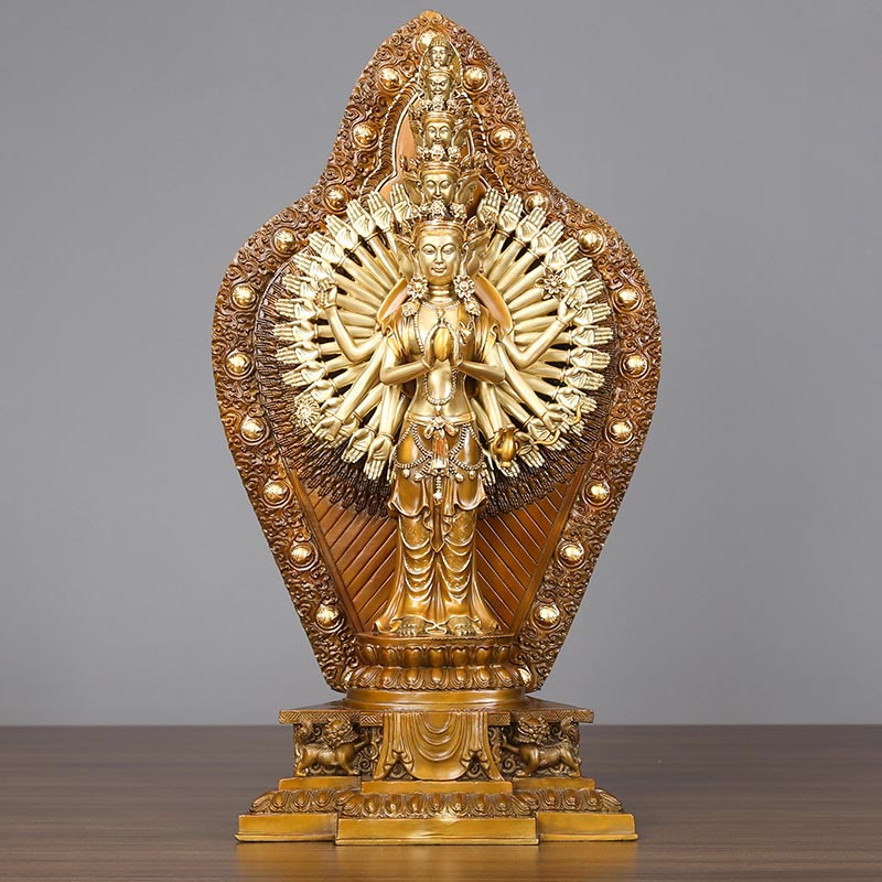 Buddha Stones handgefertigte tausendarmige Avalokitesvara Kwan Yin Reichtum Messing Kupfer Statue Dekoration