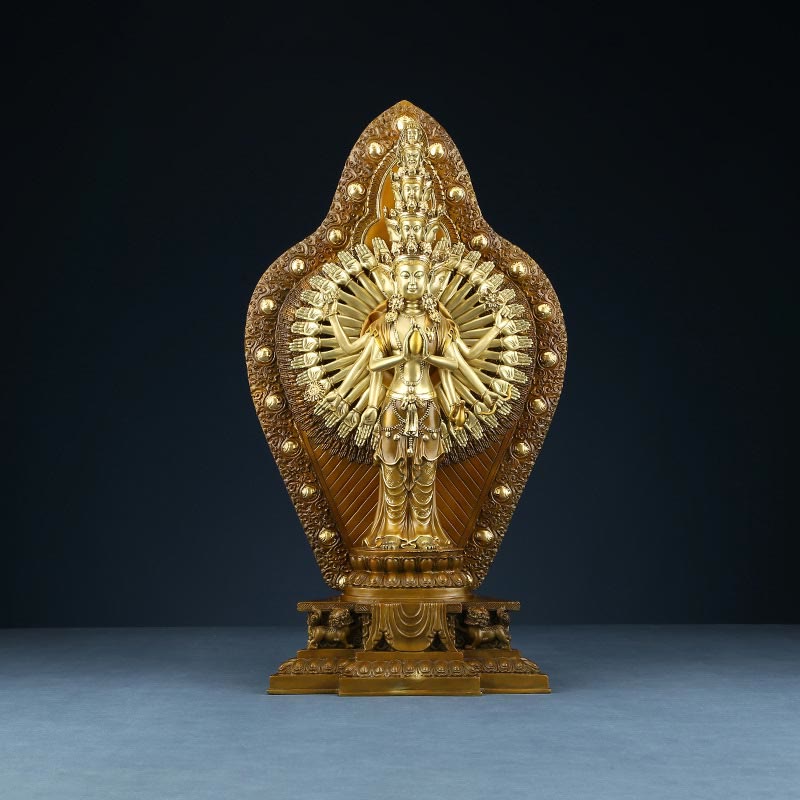 Buddha Stones handgefertigte tausendarmige Avalokitesvara Kwan Yin Reichtum Messing Kupfer Statue Dekoration