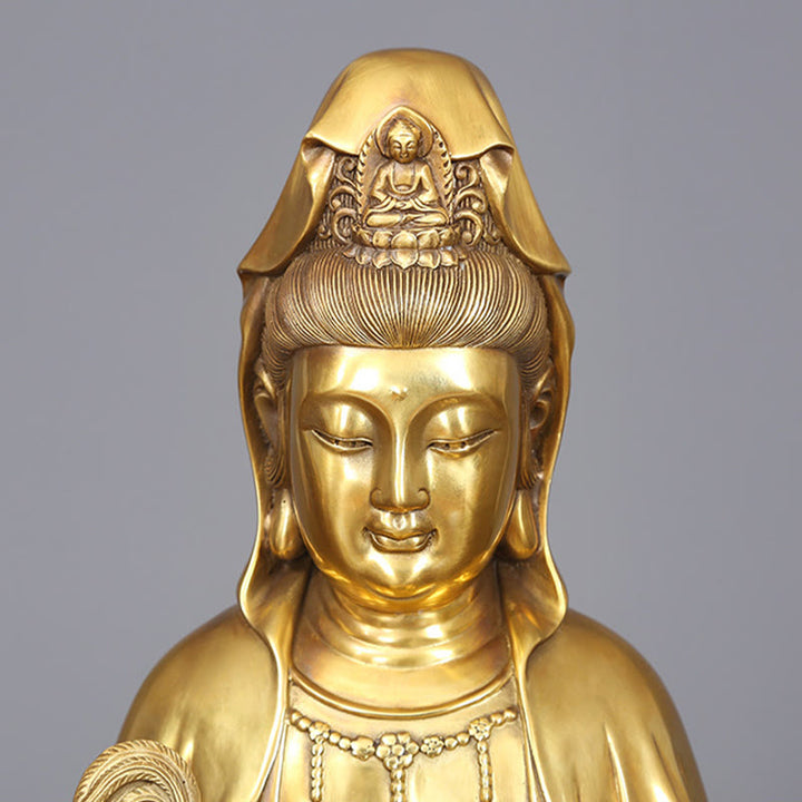 Buddha Stones Kwan Yin Avalokitesvara, der eine Weidenflasche hält, Harmonie Messingkupferstatue, Heimdekoration