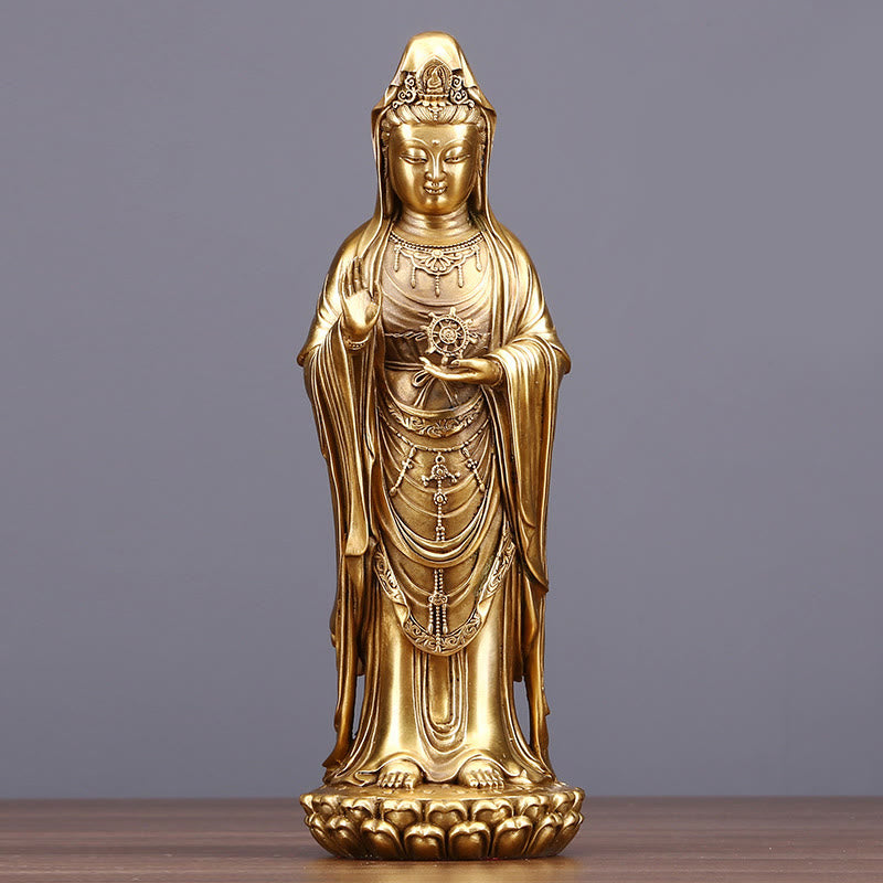 Buddha Stones Kwan Yin Avalokitesvara hält das Dharma-Rad Reichtum Messing Kupfer Statue Dekoration