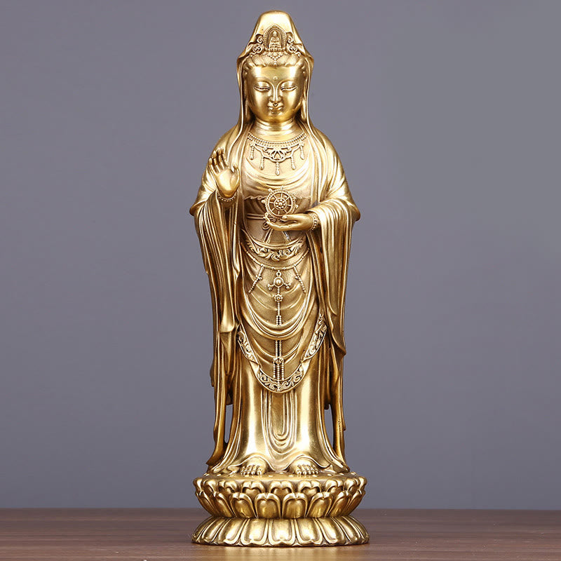 Buddha Stones Kwan Yin Avalokitesvara hält das Dharma-Rad Reichtum Messing Kupfer Statue Dekoration