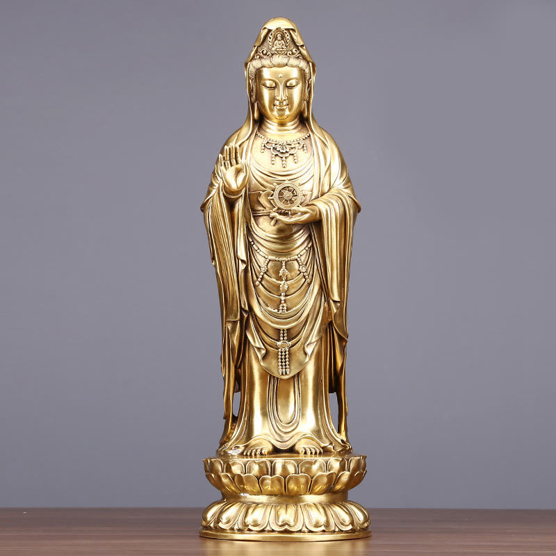 Buddha Stones Kwan Yin Avalokitesvara hält das Dharma-Rad Reichtum Messing Kupfer Statue Dekoration