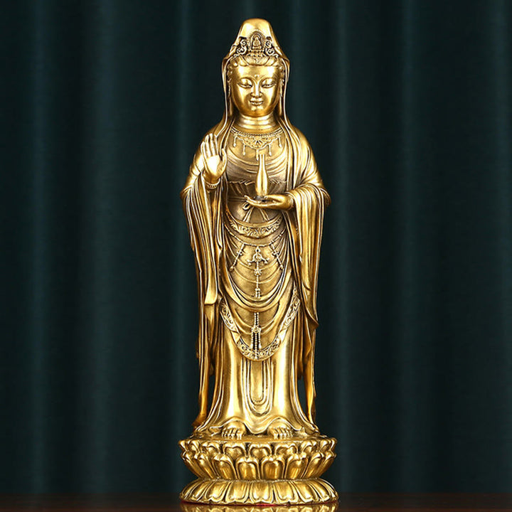 Buddha Stones Kwan Yin Avalokitesvara hält das Dharma-Rad Reichtum Messing Kupfer Statue Dekoration