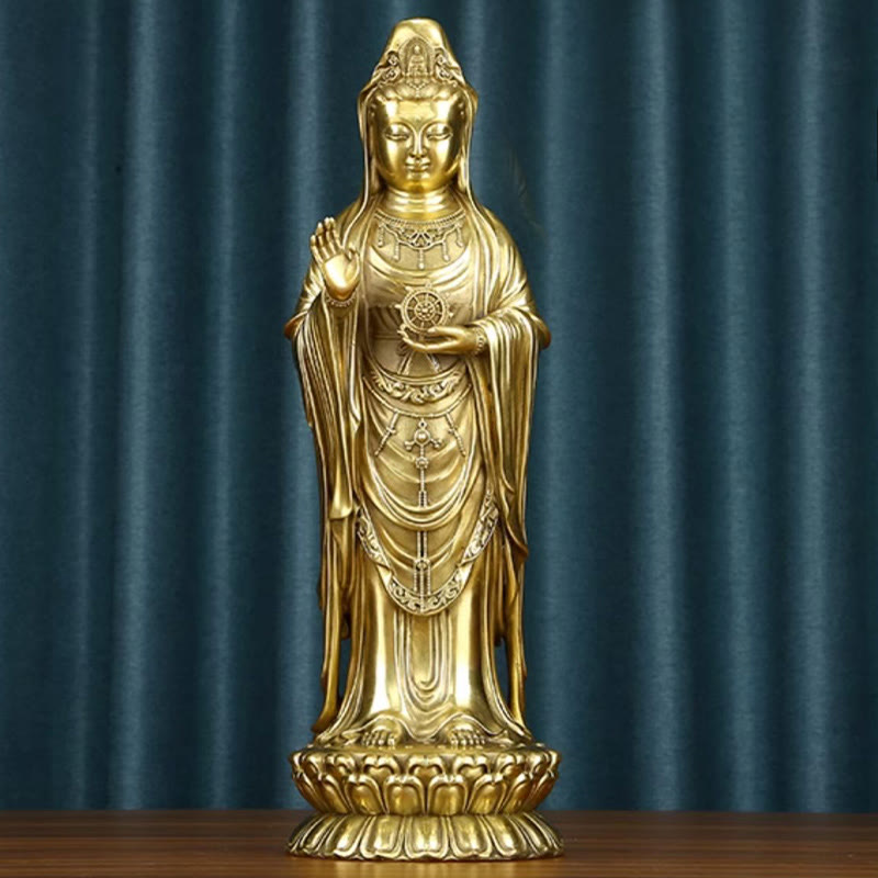 Buddha Stones Kwan Yin Avalokitesvara hält das Dharma-Rad Reichtum Messing Kupfer Statue Dekoration