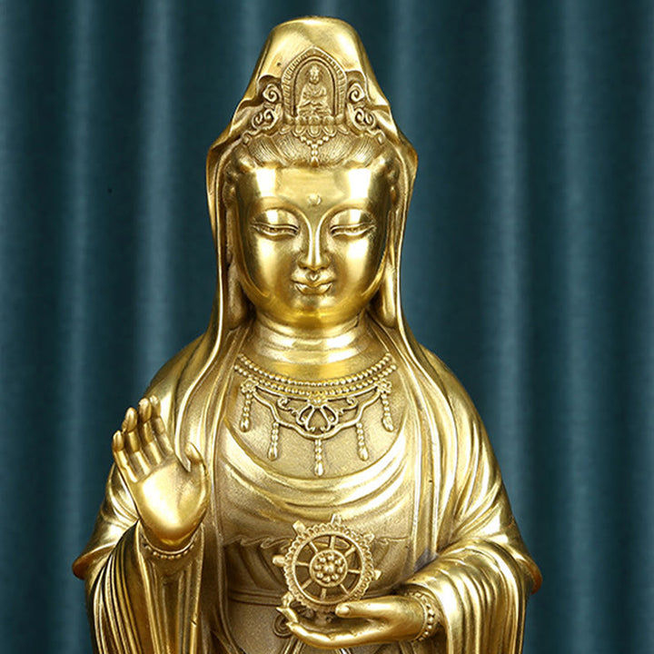 Buddha Stones Kwan Yin Avalokitesvara hält das Dharma-Rad Reichtum Messing Kupfer Statue Dekoration