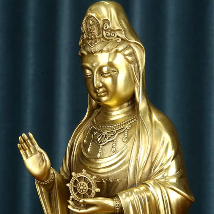 Buddha Stones Kwan Yin Avalokitesvara hält das Dharma-Rad Reichtum Messing Kupfer Statue Dekoration