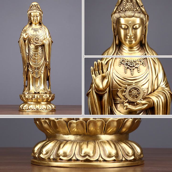 Buddha Stones Kwan Yin Avalokitesvara hält das Dharma-Rad Reichtum Messing Kupfer Statue Dekoration