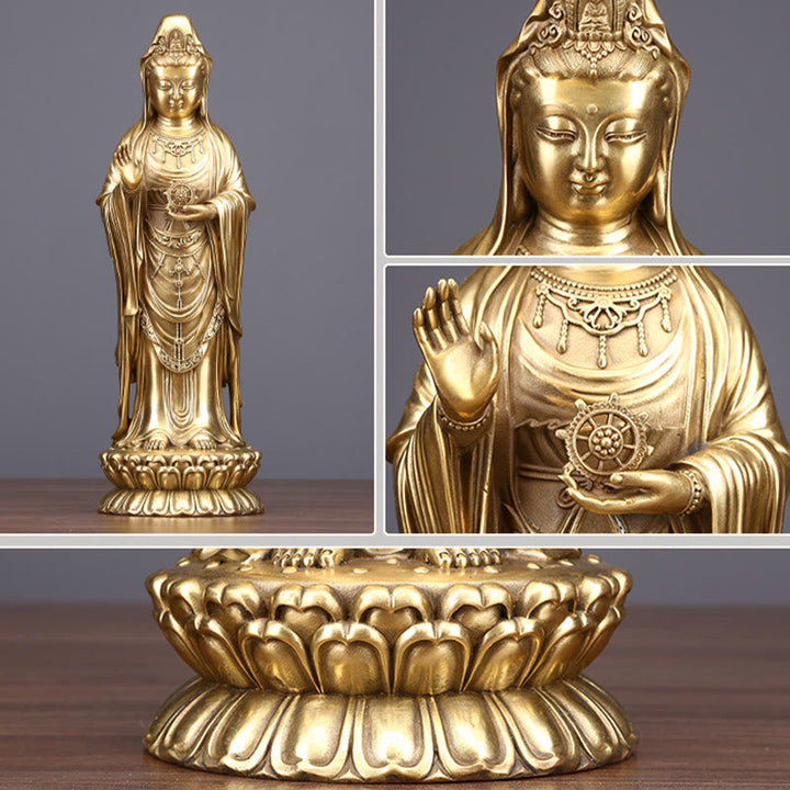 Buddha Stones Kwan Yin Avalokitesvara hält das Dharma-Rad Reichtum Messing Kupfer Statue Dekoration