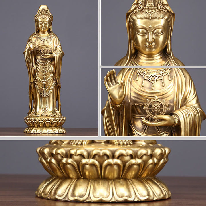 Buddha Stones Kwan Yin Avalokitesvara hält das Dharma-Rad Reichtum Messing Kupfer Statue Dekoration