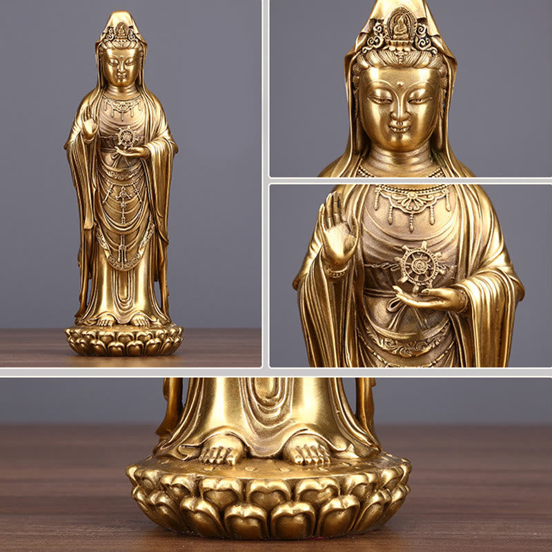 Buddha Stones Kwan Yin Avalokitesvara hält das Dharma-Rad Reichtum Messing Kupfer Statue Dekoration