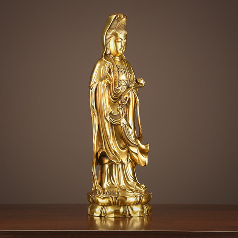 Buddha Stones Kwan Yin Avalokitesvara hält das Dharma-Rad Reichtum Messing Kupfer Statue Dekoration