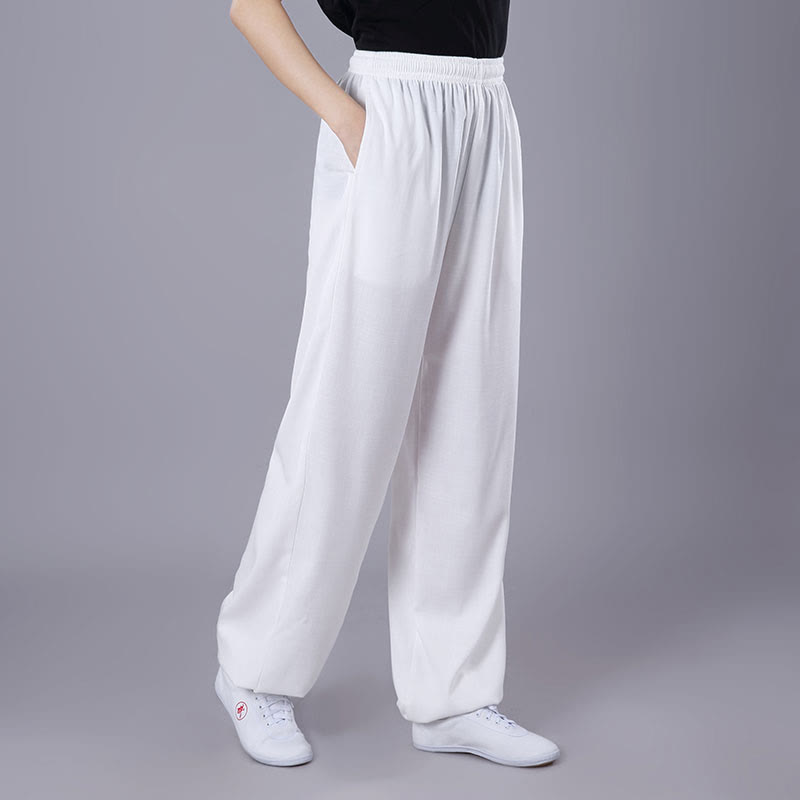 Buddha Stones Sommer Unisex Elastischer Bund Tai Chi Qigong Praxis Atmungsaktive Baumwolle Leinen Hosen mit Taschen - Weiß - 3XL– PASSEND FÜR US/ UK/ AU/ EU– 2XL - image 2