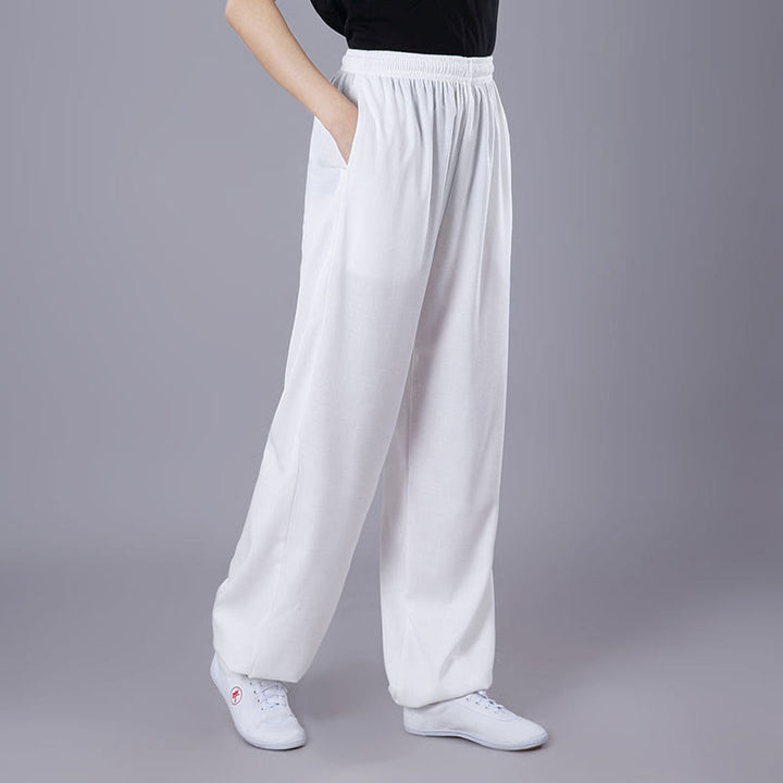 Buddha Stones Sommer Unisex Elastischer Bund Tai Chi Qigong Praxis Atmungsaktive Baumwolle Leinen Hosen mit Taschen - Weiß - 3XL– PASSEND FÜR US/ UK/ AU/ EU– 2XL - image 2