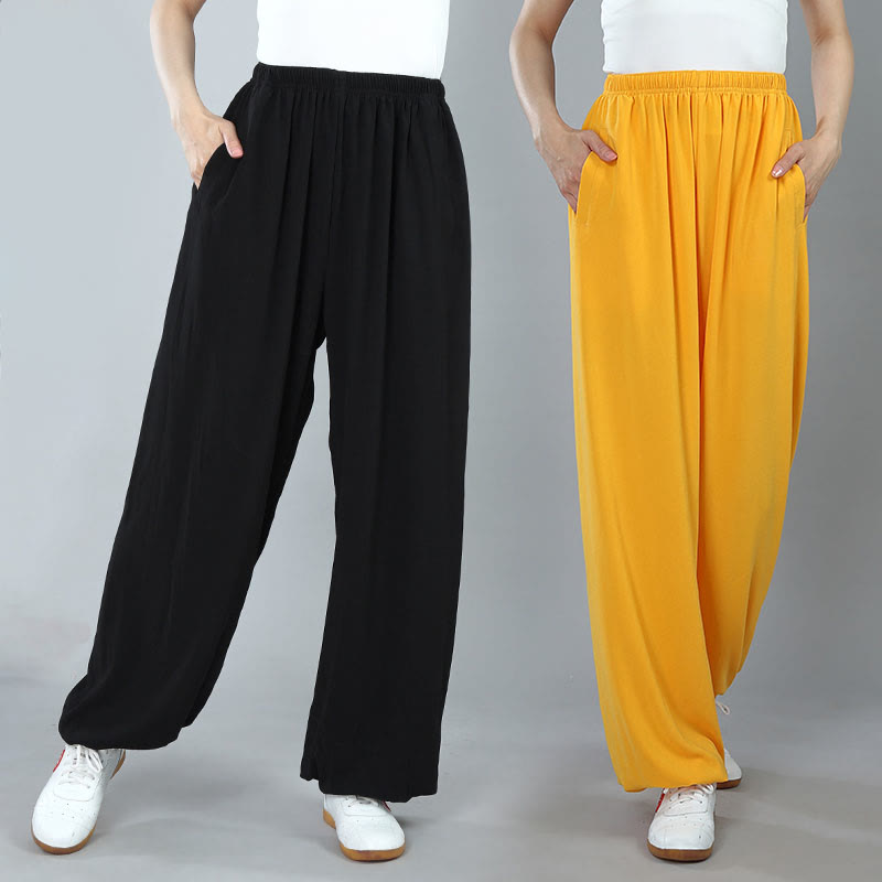 Buddha Stones Sommer Unisex Elastische Taille Tai Chi Kung Fu Qigong Übung Baumwolle Atmungsaktive Hosen Mit Taschen - image 0