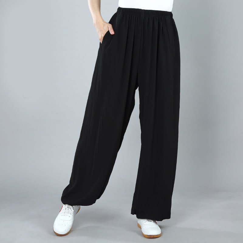 Buddha Stones Sommer Unisex Elastische Taille Tai Chi Kung Fu Qigong Übung Baumwolle Atmungsaktive Hosen Mit Taschen - Schwarz - 3XL– PASSEND FÜR US/ UK/AU/ EU– 2XL - image 2