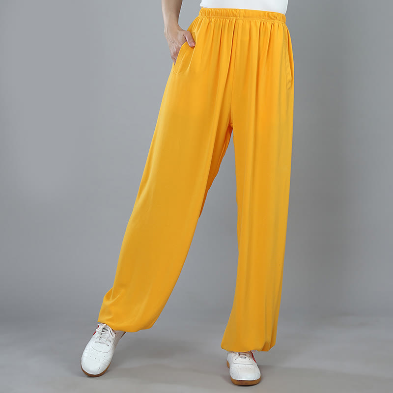 Buddha Stones Sommer Unisex Elastische Taille Tai Chi Kung Fu Qigong Übung Baumwolle Atmungsaktive Hosen Mit Taschen - Gelb - 3XL– PASSEND FÜR US/ UK/ AU/ EU– 2XL - image 10