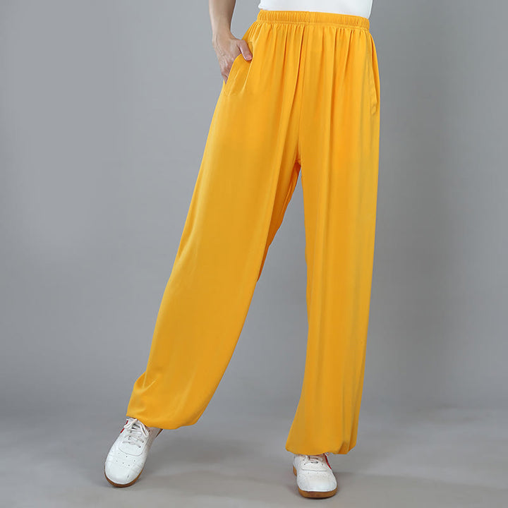 Buddha Stones Sommer Unisex Elastische Taille Tai Chi Kung Fu Qigong Übung Baumwolle Atmungsaktive Hosen Mit Taschen - Gelb - 3XL– PASSEND FÜR US/ UK/ AU/ EU– 2XL - image 10