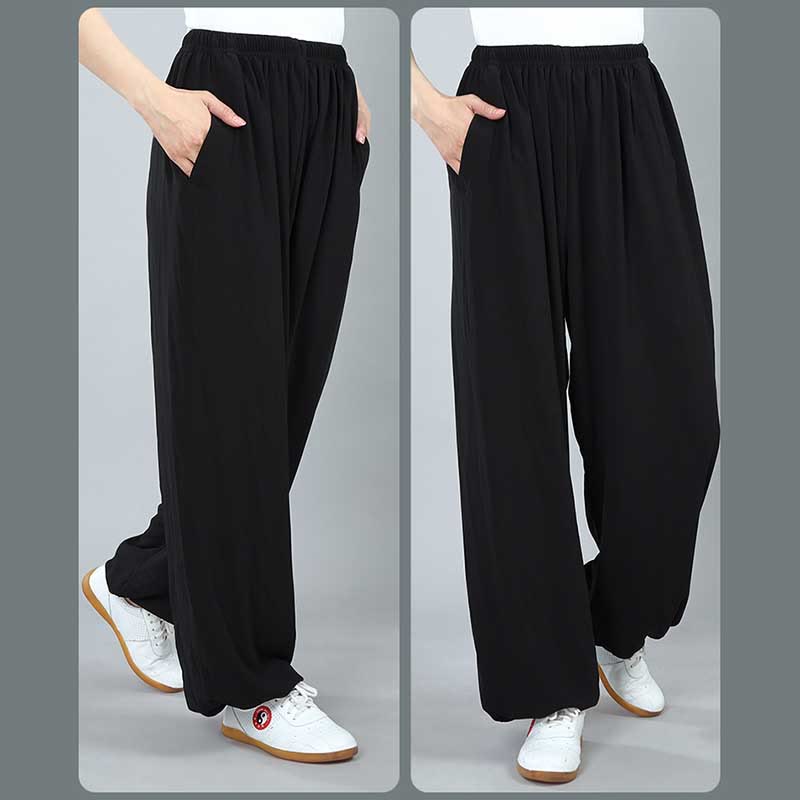 Buddha Stones Sommer Unisex Elastische Taille Tai Chi Kung Fu Qigong Übung Baumwolle Atmungsaktive Hosen Mit Taschen - image 6