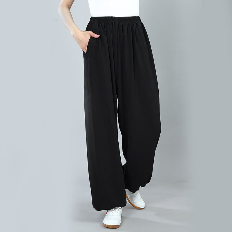 Buddha Stones Sommer Unisex Elastische Taille Tai Chi Kung Fu Qigong Übung Baumwolle Atmungsaktive Hosen Mit Taschen - image 3