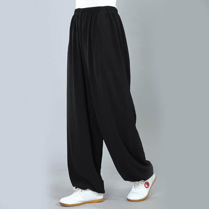 Buddha Stones Sommer Unisex Elastische Taille Tai Chi Kung Fu Qigong Übung Baumwolle Atmungsaktive Hosen Mit Taschen - image 4