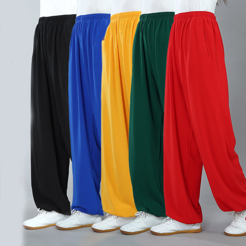 Buddha Stones Sommer Unisex Elastische Taille Tai Chi Kung Fu Qigong Übung Baumwolle Atmungsaktive Hosen Mit Taschen - image 1