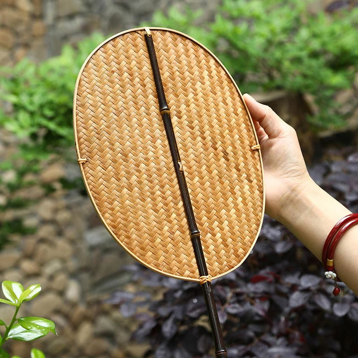 Buddha Stones Chinesisch Stil Handgemacht Bambus Geflochten Oval Rund Banane Kegelform Lang Griff Fächer