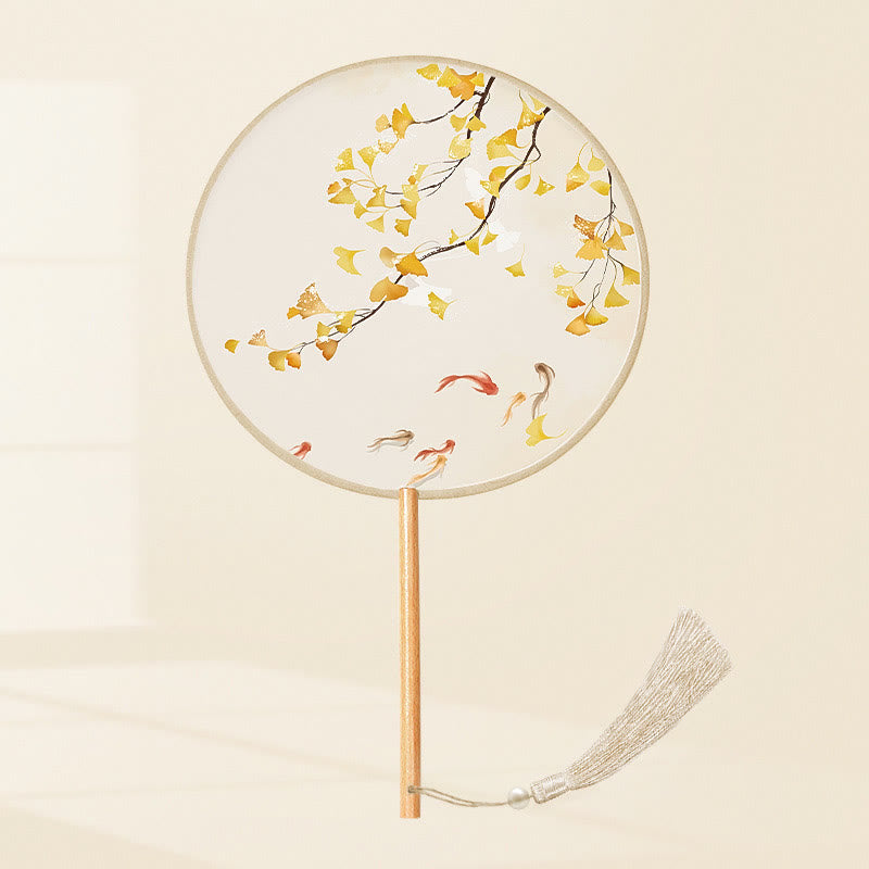 Buddha Stones Ginkgo-Blatt Koi-Fisch Kirschblüte Frühlingsblumen Handgehaltener Holzgriff-Fächer