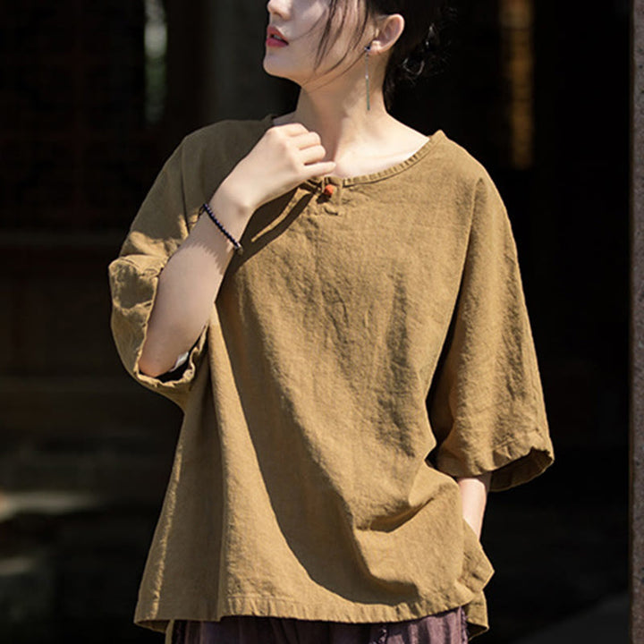 Buddha Stones Casuales Halbarm-Leinen-Baumwoll-T-Shirt - image 11