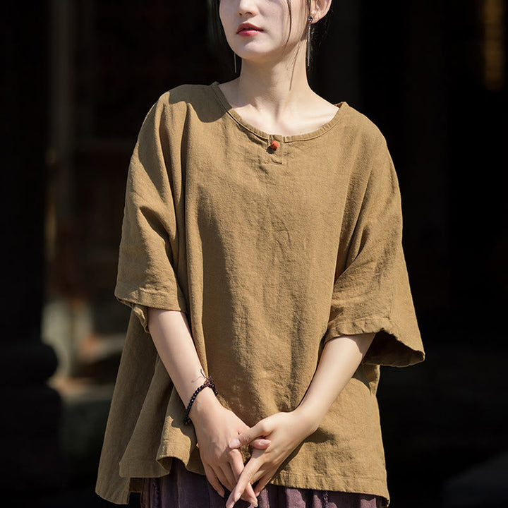 Buddha Stones Casuales Halbarm-Leinen-Baumwoll-T-Shirt - Dunkelkhaki - US4-8/10, UK/AU8-12/14, EU36-40/42 (F) - image 0