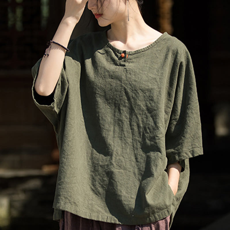 Buddha Stones Casuales Halbarm-Leinen-Baumwoll-T-Shirt - image 21