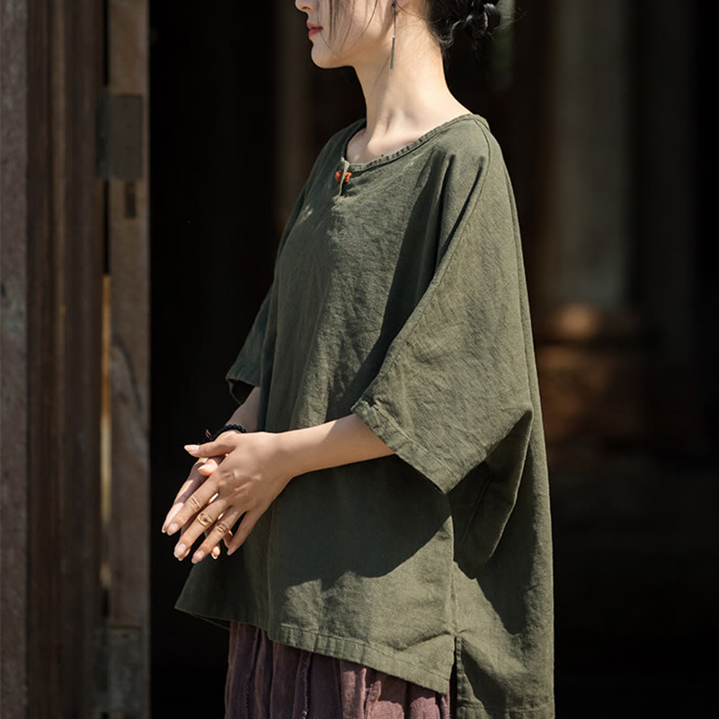 Buddha Stones Casuales Halbarm-Leinen-Baumwoll-T-Shirt - image 14