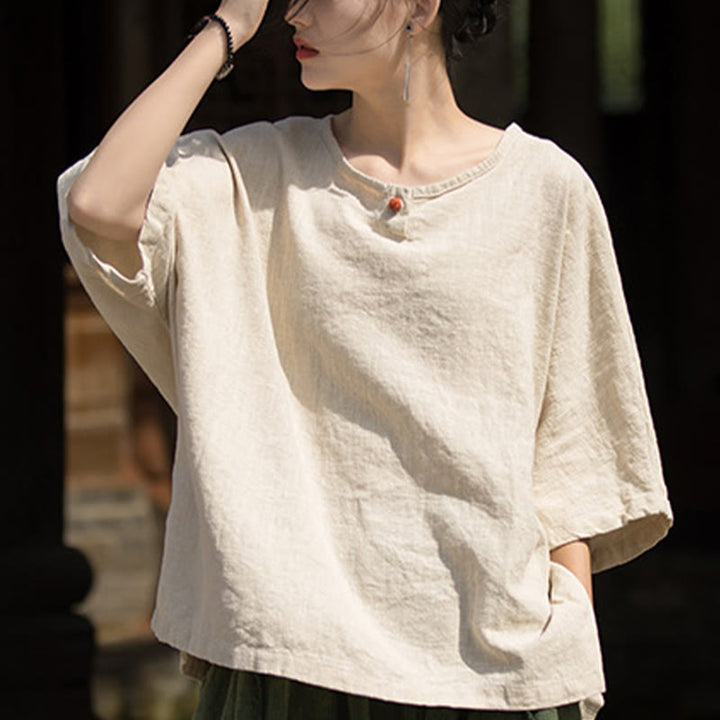 Buddha Stones Casuales Halbarm-Leinen-Baumwoll-T-Shirt - image 29