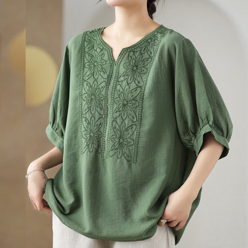 Buddha Stones Blumen Stickdesign Halbärmel Baumwoll Leinen T-Shirt Tee - Dunkelseegrün - F (Passend für US 4-6; UK/AU 8-10; EU 36-38) - image 0