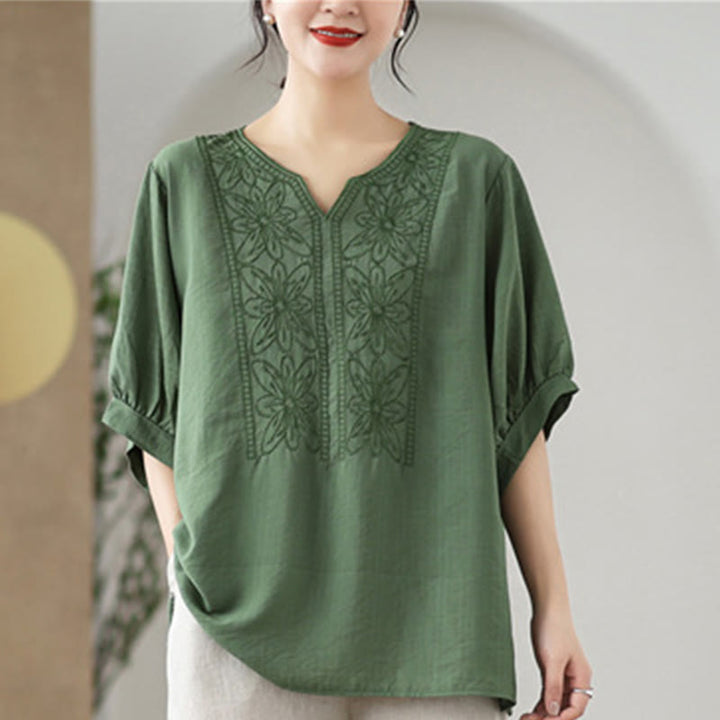 Buddha Stones Blumen Stickdesign Halbärmel Baumwoll Leinen T-Shirt Tee - image 9