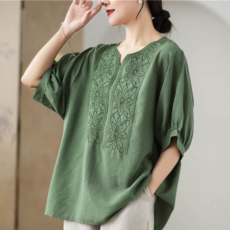 Buddha Stones Blumen Stickdesign Halbärmel Baumwoll Leinen T-Shirt Tee - image 3